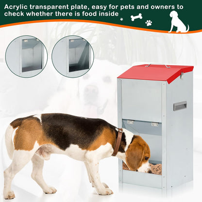2 Pcs 15 Lbs Large Automatic Dog Feeders with Handle Acrylic Panel Galvanized Gravity Feeder Outdoor Hanging for Doggie Breed Dog Food Dispenser Container(Red)