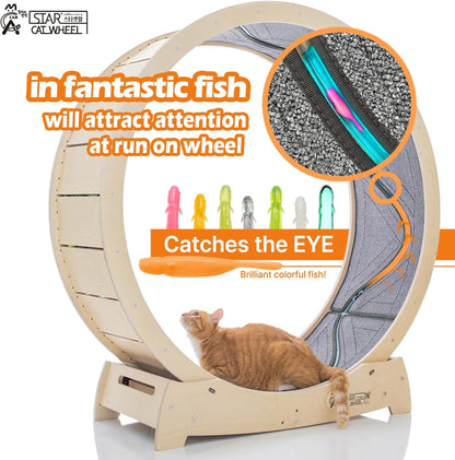 Star Cat Wheel, Cat Treadmill, Exercise Wheel for Running, Spinning, Scratching, and Climbing for Indoor Cats, Premium Birch Wood, Eco-Friendly, Moving Fish, Wide Running Track, 47.2 inch XL Size