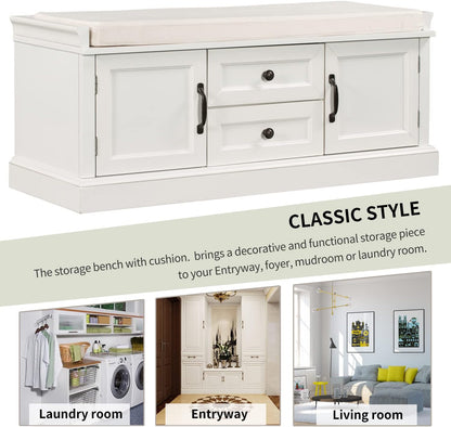 Storage Bench with 2 Drawers and 2 Cabinets, Pine Wood Shoe Bench with Removable Cushion for Living Room, Entryway 42.5" L x 15.9" W x 17.5" H (White)