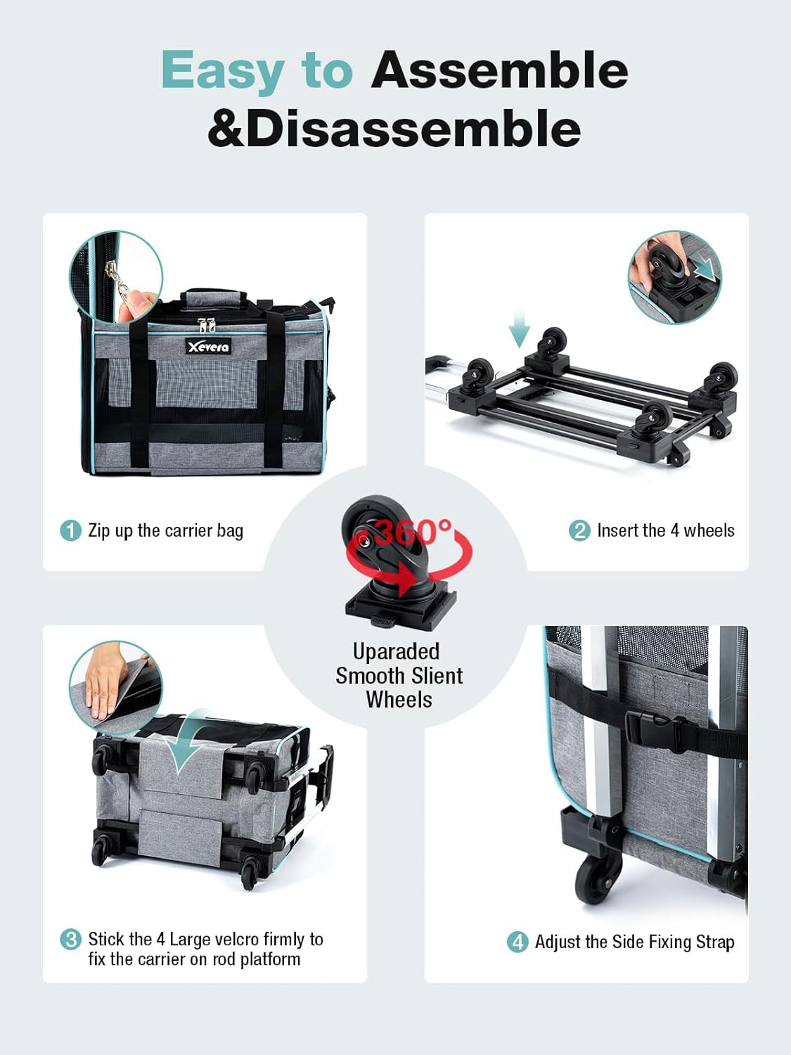 Dog Cat Carrier with Wheels, Airline Approved Pet Carrier for Cats Dogs 15lbs 20 lbs with Double-Sided Mat, Safety Leash and Shoulder Strap, Grey