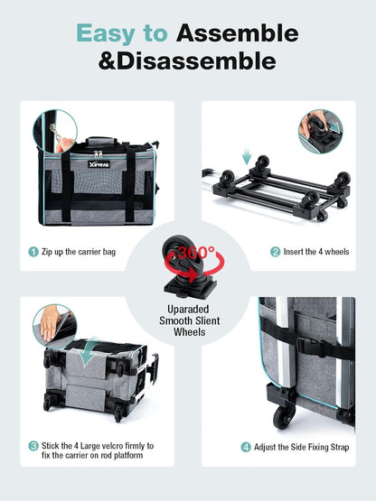 Cat Dog Carrier with Wheels Airline Approved Rolling Pet Carrier with Telescopic Handle, Shoulder Strap and Pet Bowl, Grey