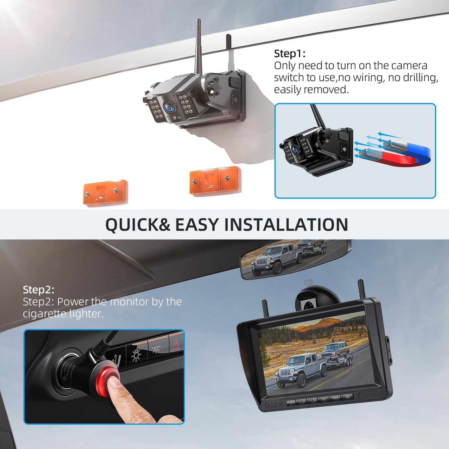 eRapta Magnetic Wireless Backup Camera Kit with HD1080P 7??DVR Monitor, Dual RV/Trailer/Truck/Tractor Cameras Wireless System, No Wiring, 9600mAh Rechargeable Battery, IR Night Vision-ACT702