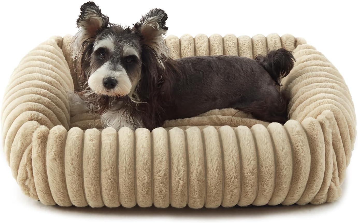 Dog Beds for Small Dogs, Washable Orthopedic Dog Bed with Removable Cover, Rectangle Soft Calming Sleeping Puppy Bed Durable Pet Cuddler with Anti-Slip Bottom, 20"x19"x6" Beige