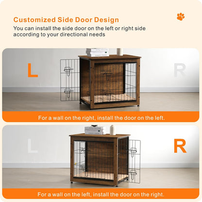 DWANTON Dog Crate Furniture with Cushion, Wooden Kennel Table with Double Doors, Indoor Dog House, Small/Medium/Large Size, 27.2" L, Warm Brown