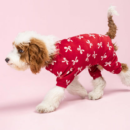 Fitwarm Bowknot Dog Pajamas, Warm Clothes for Small Dogs Girl, Fleece Pet Onesie with Feet, Burgundy Red, White, Small
