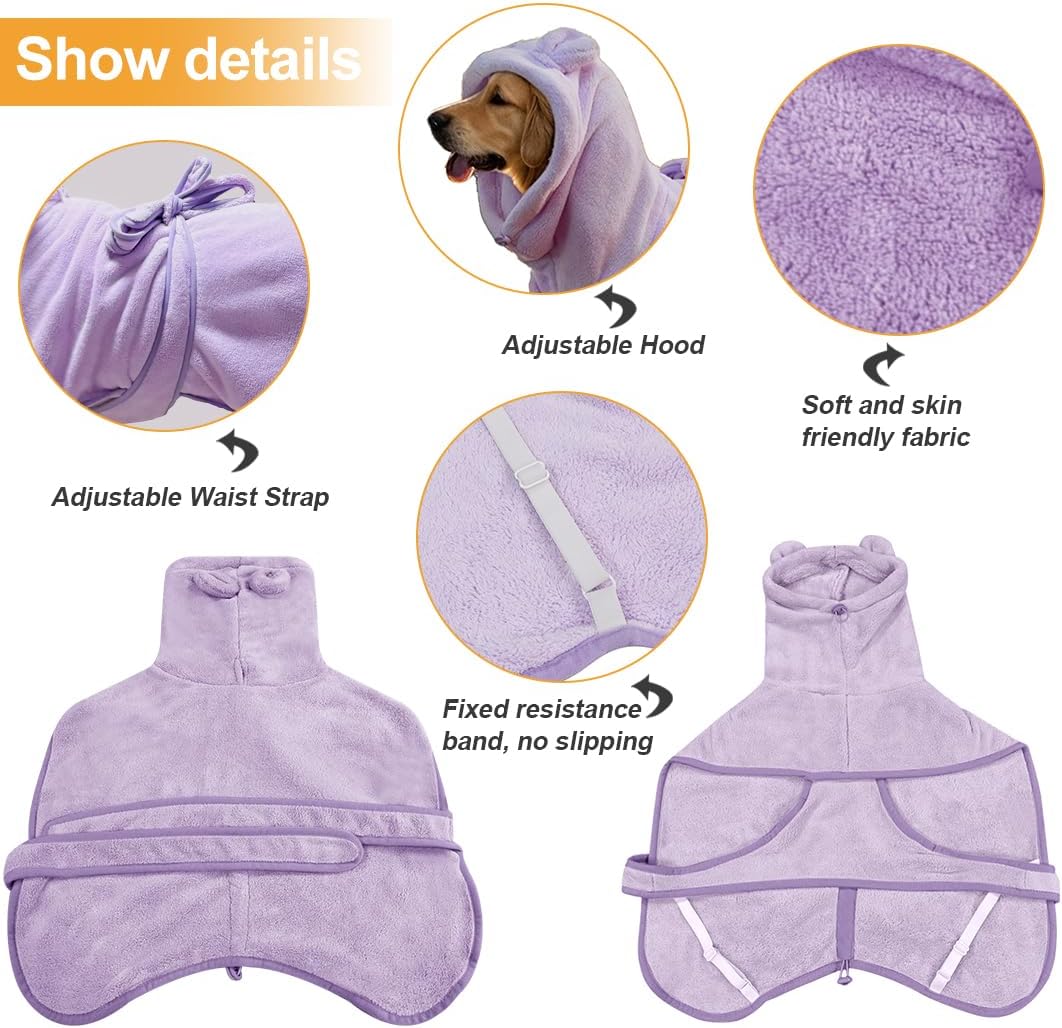 Microfiber Dog Bathrobe Towel Super Absorbent Dog Quick Dry Bathrobe for Puppies, Suitable for Medium and Large Dogs (Purple, XL)