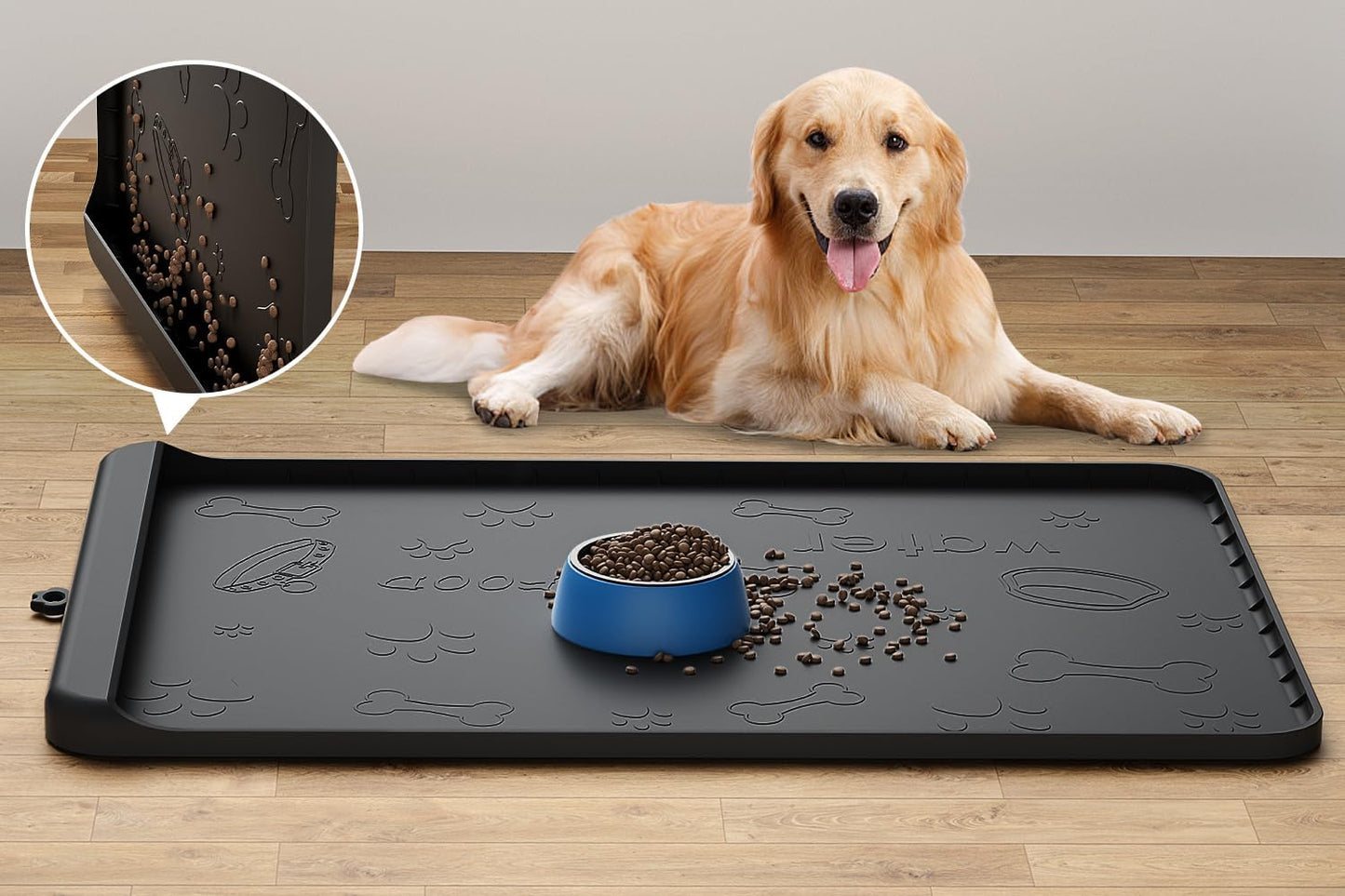 Dog Food Mat - Silicone Dog Mat for Food and Water - 36" x 24" Large Pet Feeding Mats with Residue Collection Pocket - Waterproof Cat Bowl Mat with High Edges to Prevent Water Food Spills (Black)