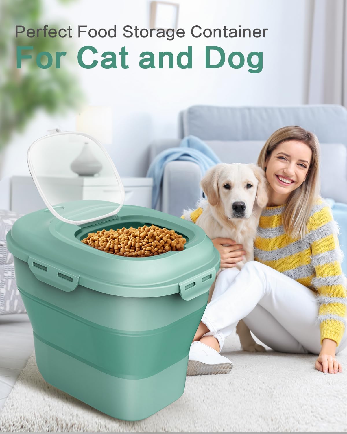 ANVS Dog Food Storage Container-Up to 30Lbs Collapsible Dog Food Container with Airtight Lids, Scoop and 2.5L Small Pet Food Storage Container Dry Food For Dog, Cat and Other Pet Food (Green)
