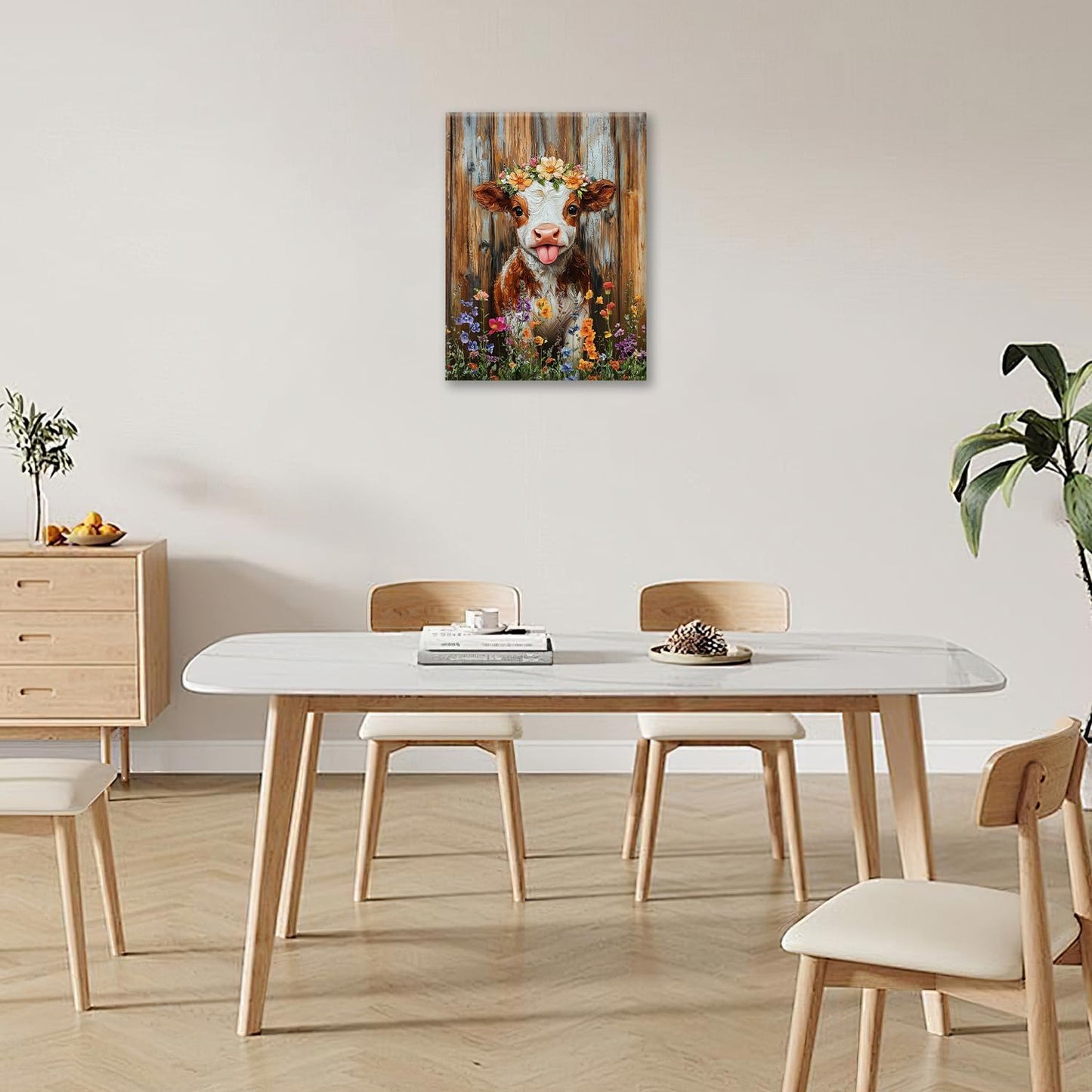 Funny Cow Bathroom Pictures Wall Art, Rustic Brown Cute Cow Bathroom Wall Decor, Farmhouse Floral Framed Painting Animal Flower Canvas Artwork for Bedroom Living Room Decorations 20"L x 16"W