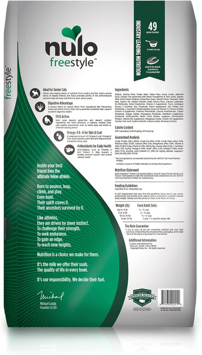 Nulo FreeStyle High Protein Senior Cat Food, Alaska Pollock & Sweet Potato Recipe - Natural Grain-Free Dry Cat Food for Seniors with L-carnitine, Omega Fatty Acids, & Probiotics, 4 lb Bag