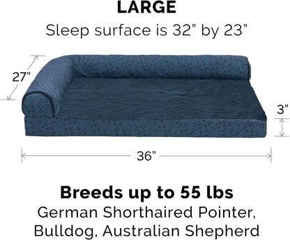 Furhaven Cooling Gel Dog Bed for Large/Medium Dogs w/ Removable Bolsters & Washable Cover, For Dogs Up to 55 lbs - Plush & Almond Print L Shaped Chaise - Blue Almonds, Large