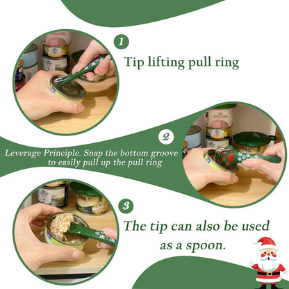 Christmas Pet Set - 3 Cat Food Can Lids & 1 BPA-Free Can Opener | Cute Paw Shape Opener Spatula Spoon for Wet Food | Silicone Spoon & Covers for Dog Cat - Christmas Green