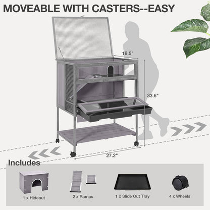 Guinea Pig Cage, Moveable Metal Frame Hamster Cage Anti-Chewing with Aluminium Alloy Edge, Hideouts, Ramps, Seesaws Chewing Toy, Deeper Pull-Out Leakproof Tray for Indoor Outdoor(Grey