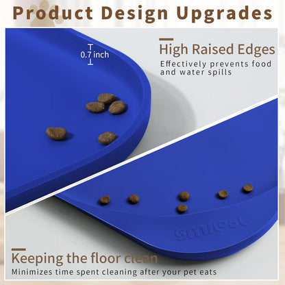 Silicone Pet Feeding Mat with Raised Edge & Residue Collection Pocket for Food and Water, Dog Bowl Mats, Cat Bowls Placemat with High Lip for Floor Waterproof, 19 x 12 x 0.7 Navy Blue