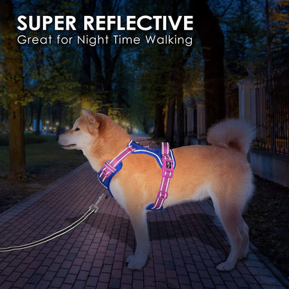 PHOEPET No Pull Dog Harness, Unique Colors Reflective Adjustable Dog Vest, with Soft Training Handle Metal Clips for Small Medium Large Dogs (Royal Blue Base & Pink Straps,L)