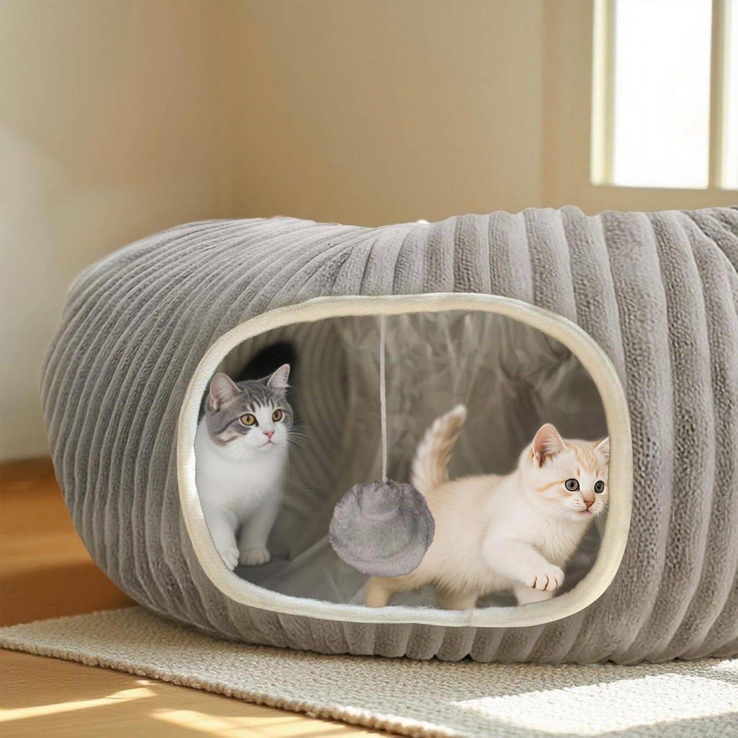 Cat Tunnel Bed for Indoor Cats, Peekaboo Cat Cave Bed,Soft Cat Donut Tunnel for Kitten Large Cats, Grey