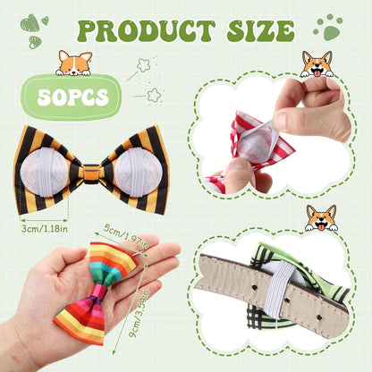 Reginary 50 Pieces Dog Bow Ties Pet Collar Bow Puppy Collar Attachment with Rubber Bands for Small Medium Cat Pet Grooming Charms Accessories Wedding Birthday Occasion(Stripe Style)