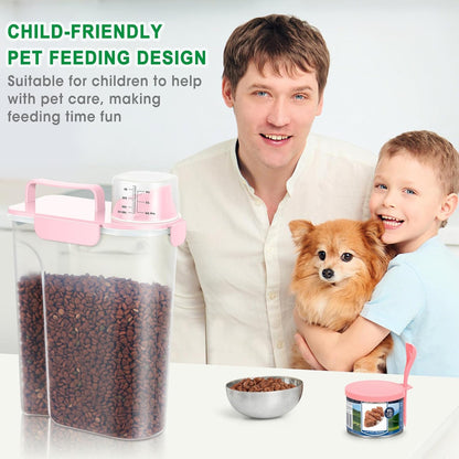 Pet Dog Cat Food Storage Container 5 to 7 lbs with Can Cover and Mixing Spoon, Airtight Pet Food Storage Dispenser with Large Spout & Measuring Cup for Kibble Dog Treat Bird Seed Container -Pink