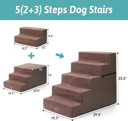 Dog Stairs for Small Dogs, 5 Tier Removable Wider Pet Stairs for Couch and Bed, 23.6" H Non-Slip Dog Steps for Puppies and Old Cats with Support Board, 29.5x19.7x23.6 inch, Brown