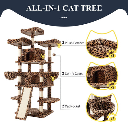 Allewie 68 Inches Cat Tree/House and Towers for Big Feline/Scratching Post/Multi-Level Large Kitty Climbing Tree with Condo/Leopard Print