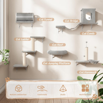 NUNU LAB Cat Wall Shelves Set, 7 Pcs Wall-Mounted Cat Climber with Cat House, Tunnel, Bridge, Scratching Post, Hammock, Wall Shelves, Gray