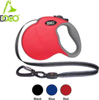 DOCO Retractable Dog Leash for Large Dogs (Length - 16’, Weight - Upto 45lb) Reflective Tape Lead with Stop and Lock Control, Tangle Free 360° Swivel Snap & Anti-Slip Grip (Red, Medium)