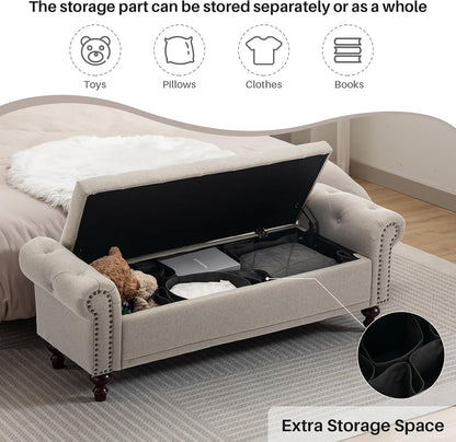 58.1'' Storage Bench Upholstered Linen End of Bedroom Bed Bench Ottoman with Tufted Cushioned Rolled Arm Large Storage Space for Reading Living Room Entryway, Light Brown