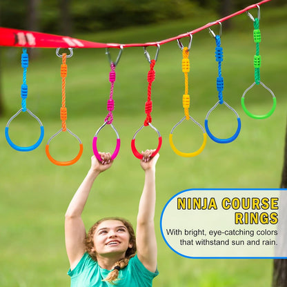 Ninja Obstacle Course Attachments - 7 Course Rings, 2 Monkey Bars, 2 Warrior Wheels, Outdoor Training Set