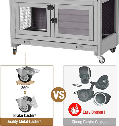 Rabbit Hutch Outdoor Indoor Bunny Cage 2 with Large Pull-Out Trays 2 Story Guinea Pig Cage on Wheels- Move Freely