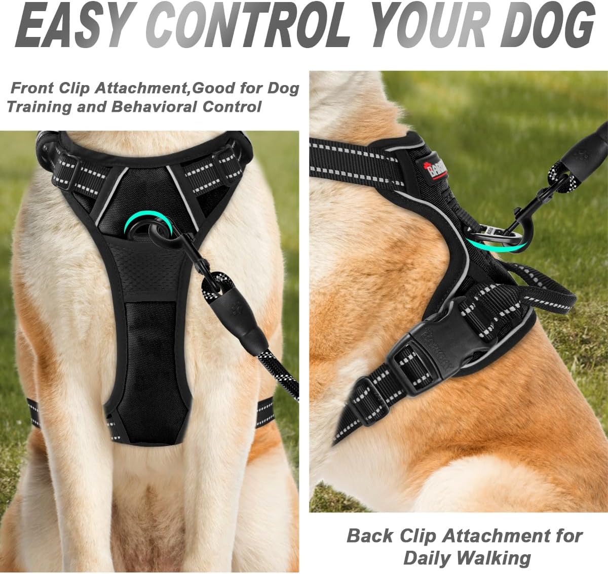 BARKBAY No Pull Dog Harness Front Clip Heavy Duty Reflective Easy Control Handle for Large Dog Walking(Black,S)