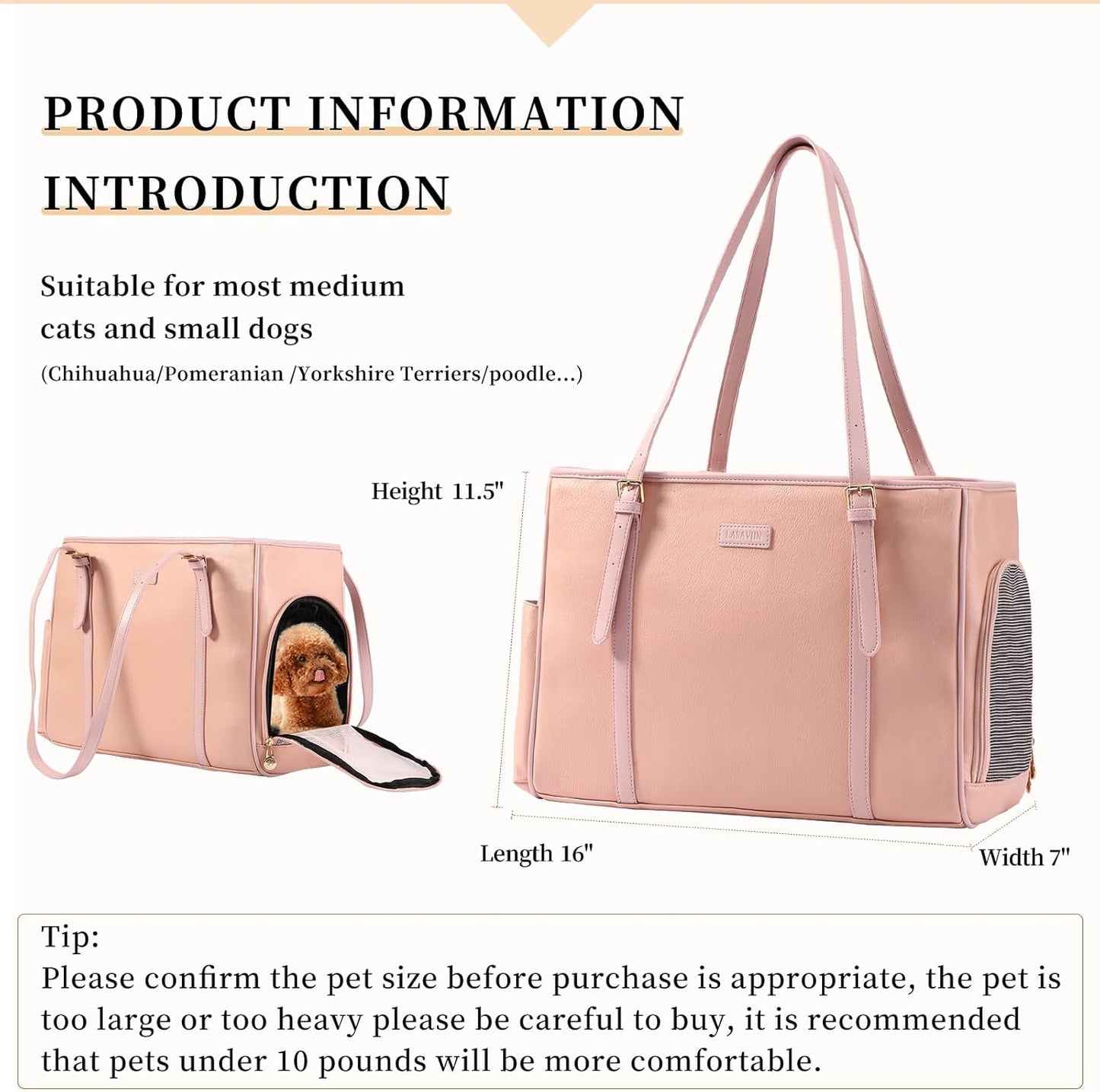 Fashion Dog Purse Pet Carrier Leather Bag for Small Dogs Cats Puppy, Portable Tote Bag Airline Approved Soft-Sided Carriers (Pink)