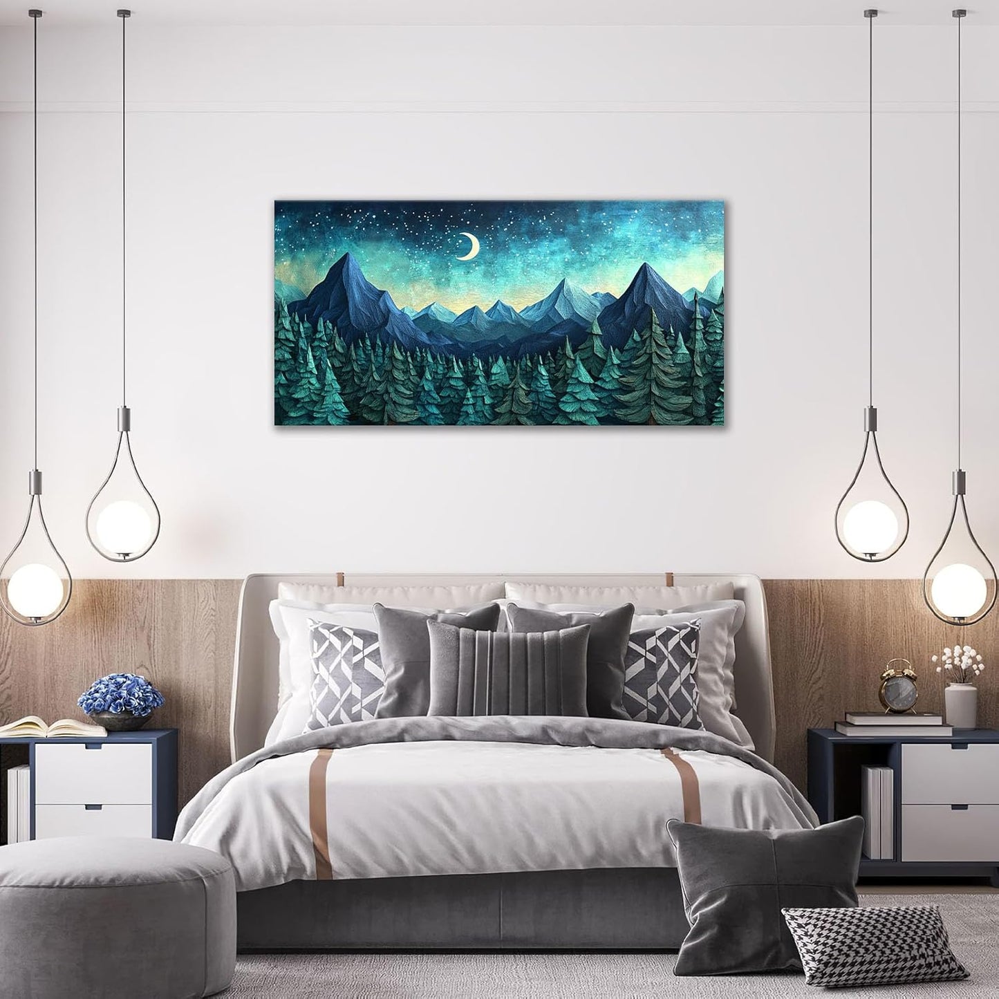 Quorin Abstract Mountain Large Wall Art Forest Moon Starry Night Sky Pictures Nature Landscape Wall Decor Canvas Print Painting Artwork for Bathroom Living Room Bedroom 30"x60"