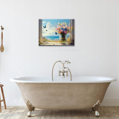 Beach Floral Bathroom Pictures Wall Art, Colorful Flower Bathroom Wall Decor, Coastal Ocean Framed Painting Canvas Artwork for Bedroom Living Room Decorations 20"L x 16"W