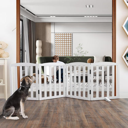 ZJSF Foldable Freestanding Indoor Dog Gate for House Wood White Long Pet Gates Dog Fence for Stairs Puppy Gates for Hallways,Pet Fence, Puppy Gate,Support Feet Included 24 "Height-4 Panels
