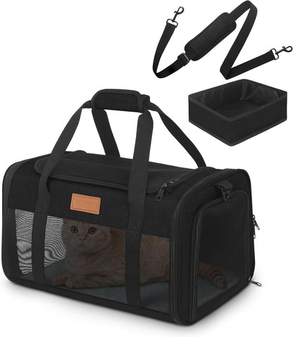 PETUX TSA Approved Pet Carrier in Cabin, 17"x11"x9.5" Soft Cat Carriers for Small Cats up to 12 lb, Top-Open Portable Dog Carrier with Litter Box and Anti-Scratch Mesh for Puppy up to 10 lb (Black)