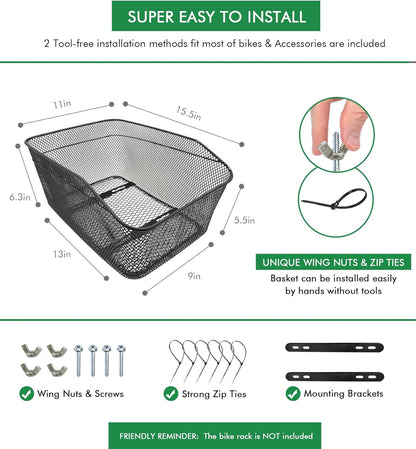 Rear Bike Basket, Tool-Free Install, Dog/Pet Carrier, Ebike Electric Bicycle Back Cargo Basket, Fits Most Rear Racks, with Waterproof Cover, Cargo Net