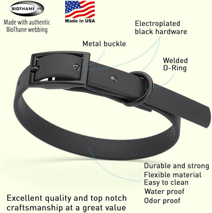 Dogline Biothane Waterproof Dog Collar Strong Coated Nylon Webbing with Black Hardware Odor- Proof for Easy Care Easy to Clean High Performance Fits Small Medium or Large Dogs, Black