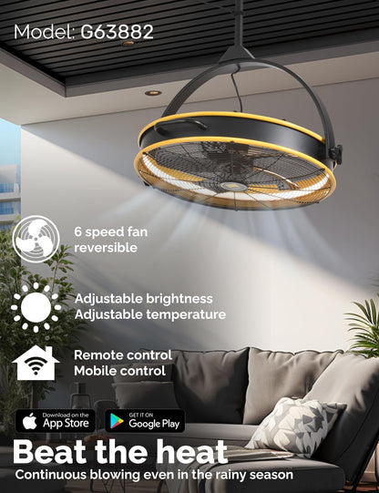 Orison 24.8'' Outdoor/Indoor Garage Ceiling Fan, 6 Speed Ceiling Mounted Plug-In Cord Garage Fan with Remote&APP, Manual Vertical Rotation, Hook hanging for Gazebo, Patio, Yellow&Black