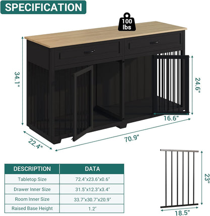Large Dog Crate with Double Rooms, 72" Heavy Duty Wooden Dog Cage Furniutre Dog Crate Kennel w/Drawers & Removable Divider,Indoor Luxury Dog House for Large Dogs,Black