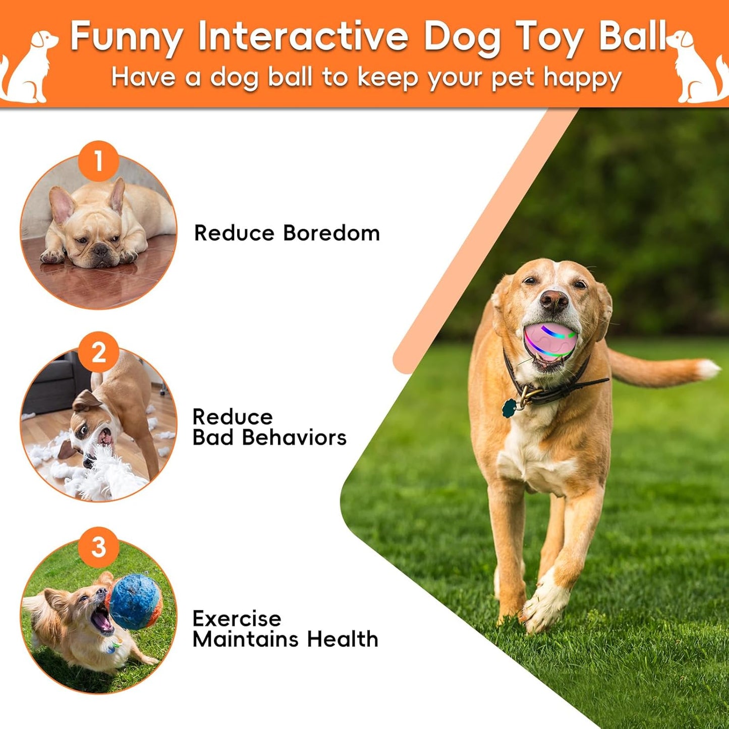 Interactive Dog Ball, Smart Interactive Dog Toys, Automatic Moving Vibrating Bouncing Pet Ball for Medium and Large Dogs, TPU Material, Rechargeable and Waterproof