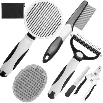 Dog Brush for Shedding, 7 PCS Dog Grooming Brush Kit, Undercoat Rake, Slicker Brush, Deshedding Comb, Bath Brush, Nail Clipper for Long & Short Haired Dogs & Cats, Black