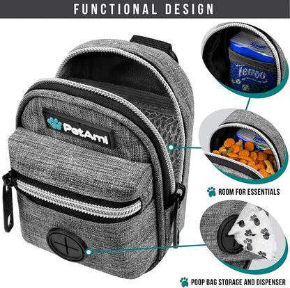 PetAmi Dog Poop Bag Holder for Leash, Dog Pet Waste Bag Dispenser For Poop With Clip, Doggy Puppy Walking Accessories Travel Camping, Dog Treat Pouch Supplies Must Have With Dog Bag Roll, Light Gray