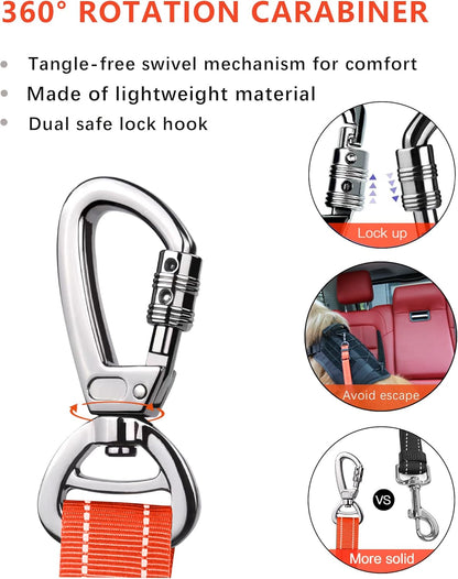 AUBELL Dog Seat Belt for Car,Updated 3-in-1 Adjustable Reflective Bungee Heavy Duty Dog Car Harness Tether with Clip Hook Latch & Buckle,Swivel Zinc Alloy Carabiner,Orange