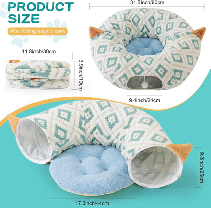 Cat Tunnel Bed with Soft Cushion, Cat Donut Tunnels for Indoor Cats, Peekaboo Cat Cave Toy, Multifunctional Playground Toys for Kittens, Rabbit, Blue Jacquard Pattern