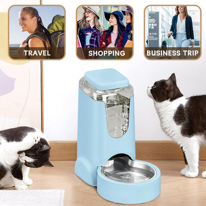 Portable Automatic Cat Feeder and Water Dispenser with Stainless Steel Bowl Dog Gravity Food Feeder and Waterer for Small Medium Pets Puppy Kitten 1 Gallon x 2 (Light Blue（3.8L*2）)