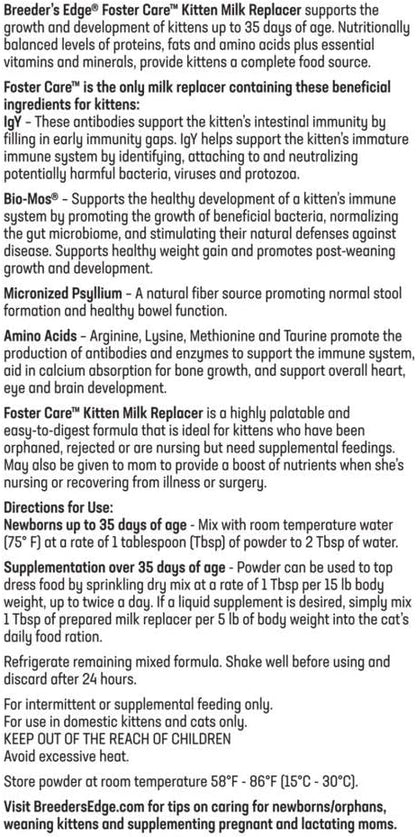 Breeder's Edge Foster Care Feline - Powdered Milk Replacer - for Kittens & Cats - 4.5 LB