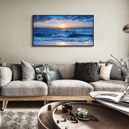 Sea Beach Framed Canvas Wall Art For Living Room Wall Decor For Bedroom Home Decor Blue Ocean Canvas Pictures Artwork Sunny Sea View Wave Painting Office Wall Decorations Black Framed 20" X 40"