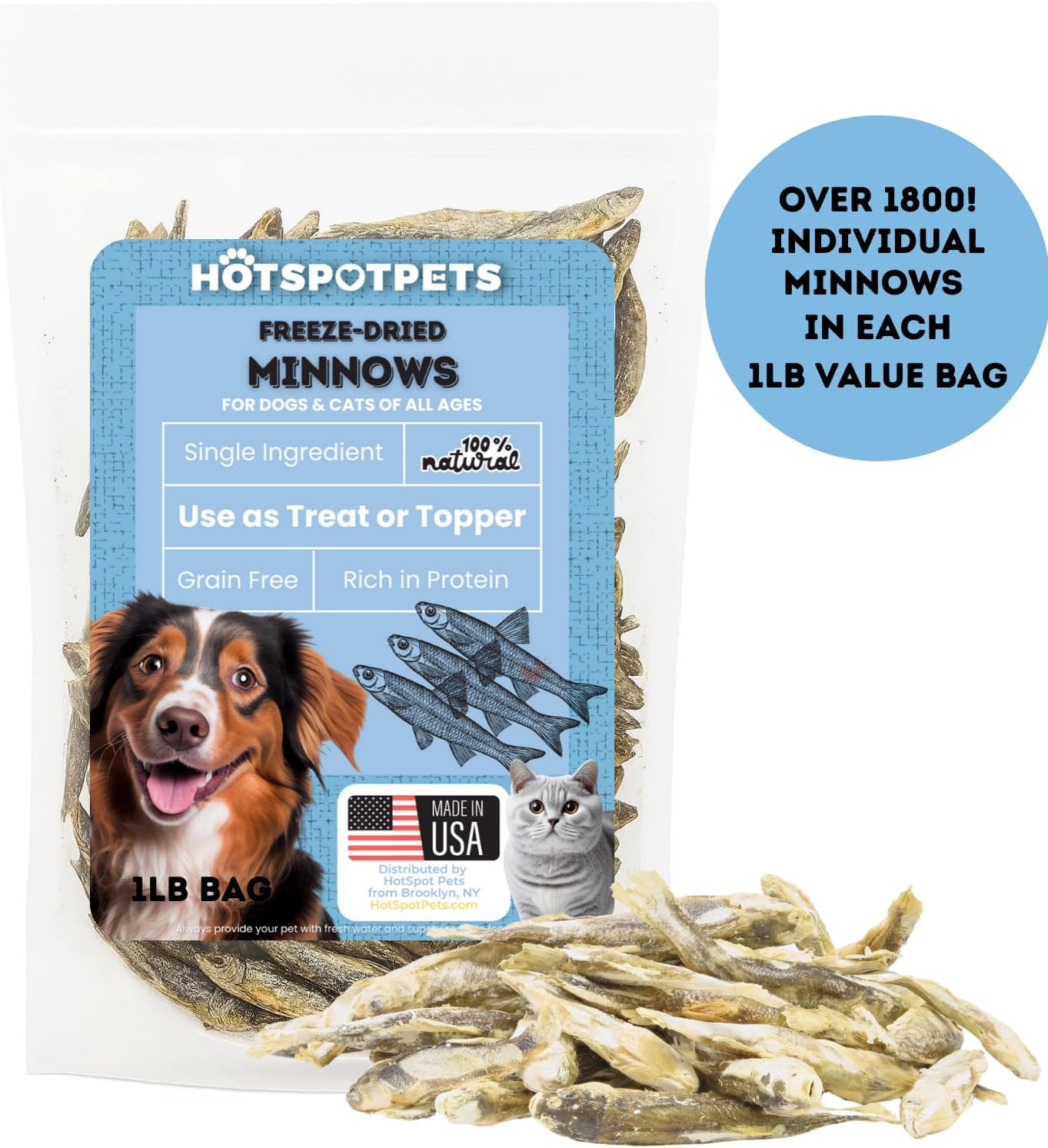 hotspot pets Freeze Dried Minnows Treats for Cats & Dogs (1 Pound Bag Over 1800 PCS!) (Made in USA) All Natural, High Protein, Rich in Omega-3s, Grain-Free,Perfect for Training, Topper or Snack