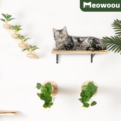 Meowoou Cat Wall Shelf with Sisal Mat, Wall Mounted Rubber Wood Cat Wall Furniture, Cats Climbing Steps for Wall, Cats Window Perches for Sleeping, Playing and Scratching