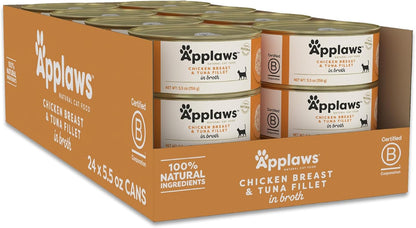 Applaws Natural Wet Cat Food in Broth, Limited Ingredient Canned Wet Cat Food, No Additives, Made with Natural Ingredients, Chicken Breast & Tuna Fillet in Broth (24 x 5.5oz Cans)